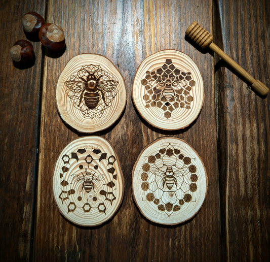 'Bee' Stylised Log Slice Coasters